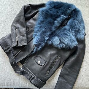 BLK DNM Moto Jacket with detachable Blue Fur collar